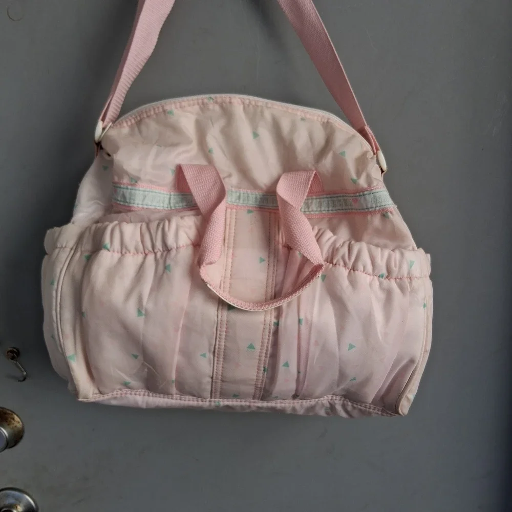 Vintage 80s 90s Vinyl Diaper Bag Pink Mint Green Geometric w/changing pad EVC